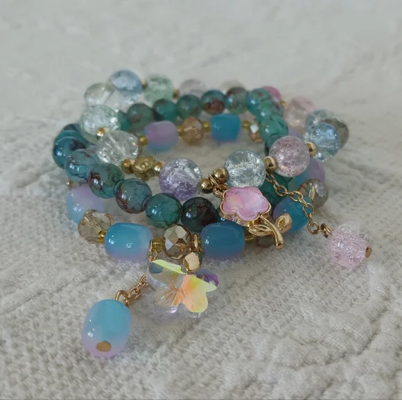 Sparkling Teal Beaded Charm Bracelet Set Blue Pink Flower Butterfly Cute Fairy - Picture 9 of 9